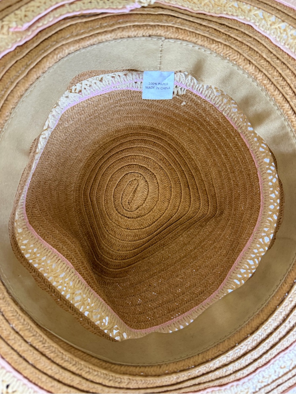 Women's Tan Straw Sun Hat with Cream Trim and Subtle Pink Edge - Picture 8 of 8